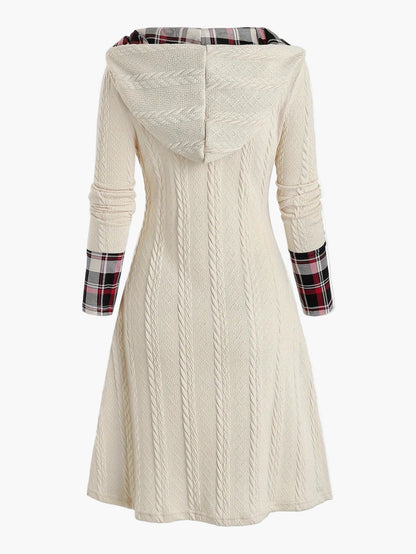 Damklänning med huva och knappdetaljer – Vintage stickad klänning med rutigt mönster, perfekt för höst och vinter