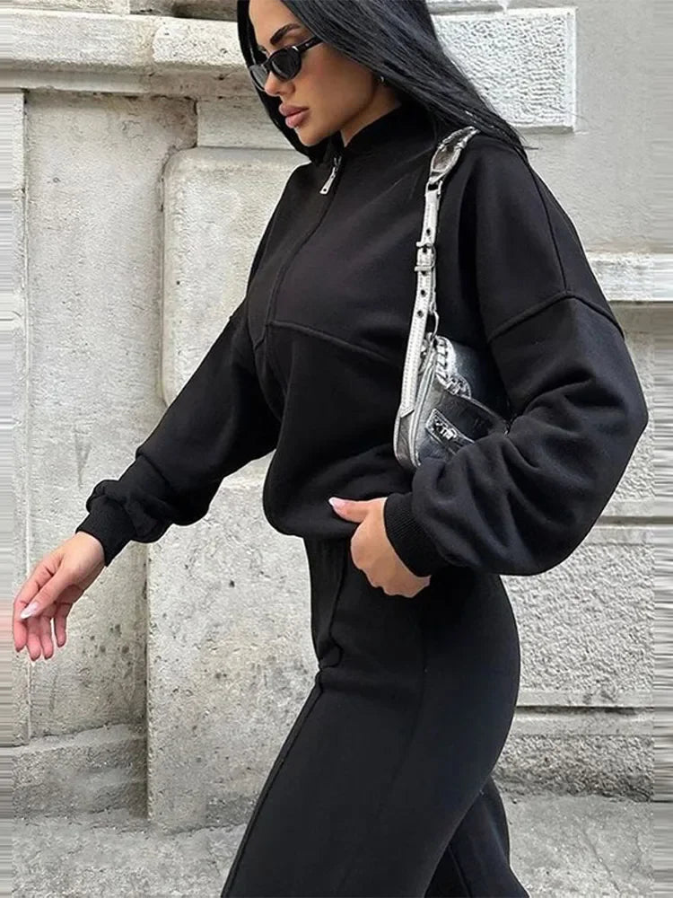 Damers Loungewear Set med Vid Passform – Avslappnad Träningsdräkt med Dragkedja och Vida Byxor
