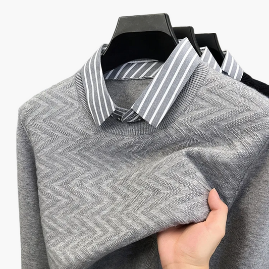 Herr Stickad Tröja med Falsk Skjortkrage – Elegant Vardagsstil och Affärslook