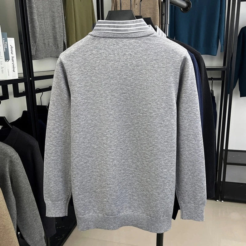 Herr Stickad Tröja med Falsk Skjortkrage – Elegant Vardagsstil och Affärslook