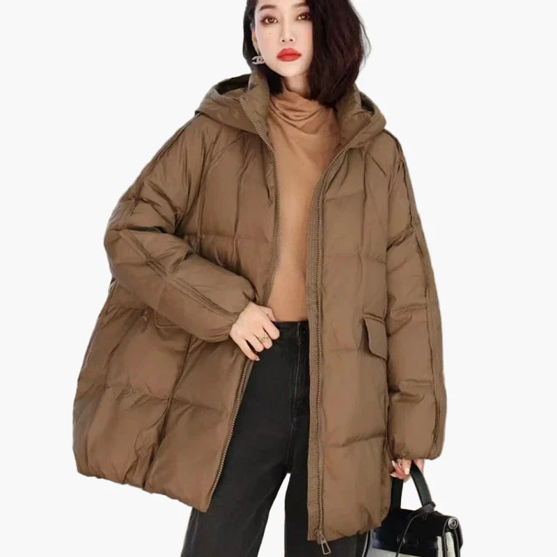 Damjacka Vinter Oversized Pufferjacka med Huva – Trendigt och Varmt Ytterplagg