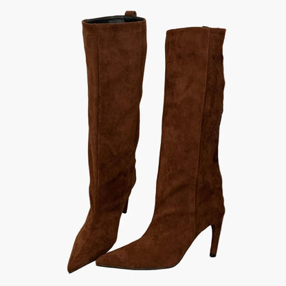 Dam Stövlar med Hög Klack och Spetsig Tå – Trendiga Knähöga Boots för Mode och Fest