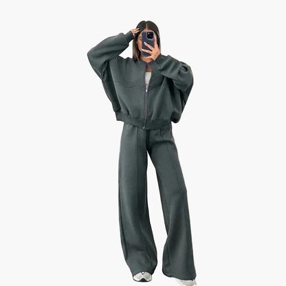 Damers Loungewear Set med Vid Passform – Avslappnad Träningsdräkt med Dragkedja och Vida Byxor