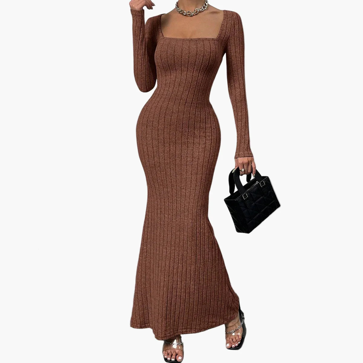 Damers stickad långärmad bodycon maxiklänning – elegant vardagsklänning