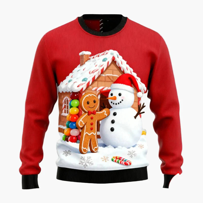 Herr Jultröja Ugly Christmas Sweater med Pepparkaksgubbar, Julgran och Renmotiv – Perfekt för Fest och Julfester