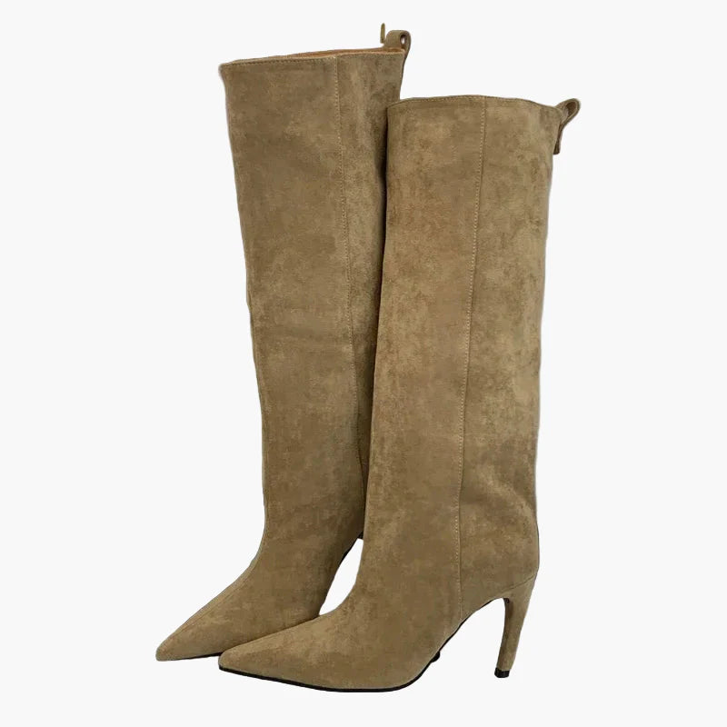 Dam Stövlar med Hög Klack och Spetsig Tå – Trendiga Knähöga Boots för Mode och Fest