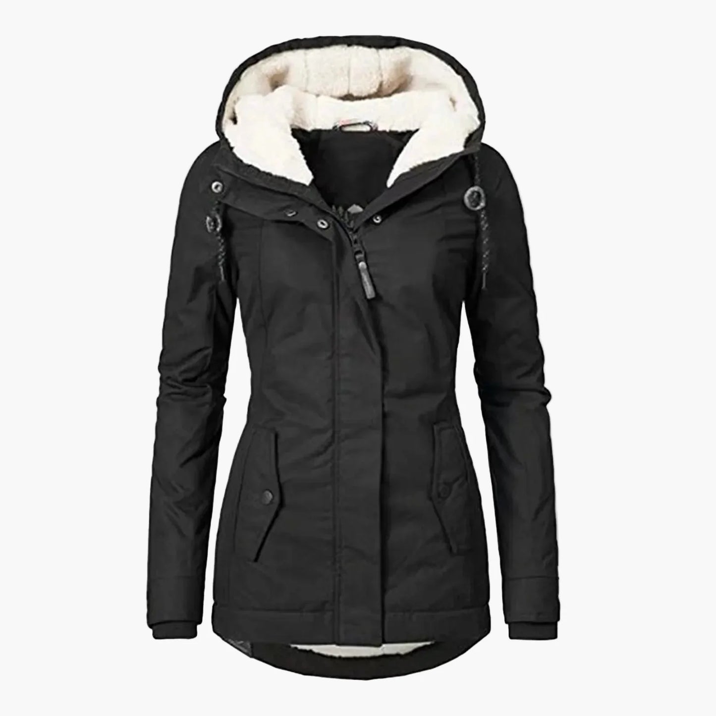 Damjacka med huva och varm foder – elegant vardagsjacka för höst och vinter