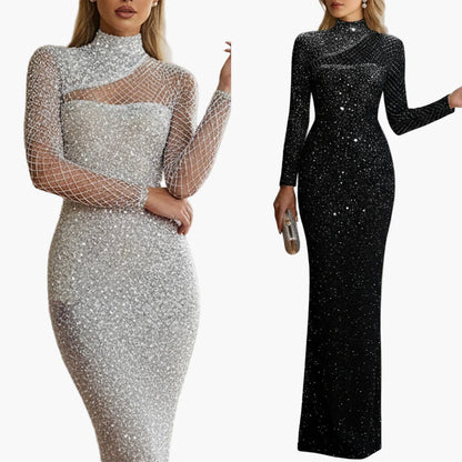 Dam Elegant Långärmad Paljettklänning för Fest och Kvällsbruk