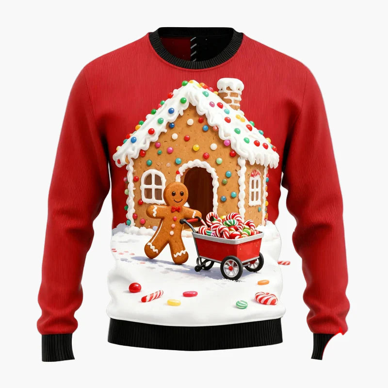 Herr Jultröja Ugly Christmas Sweater med Pepparkaksgubbar, Julgran och Renmotiv – Perfekt för Fest och Julfester