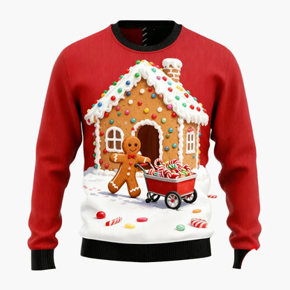 Herr Jultröja Ugly Christmas Sweater med Pepparkaksgubbar, Julgran och Renmotiv – Perfekt för Fest och Julfester