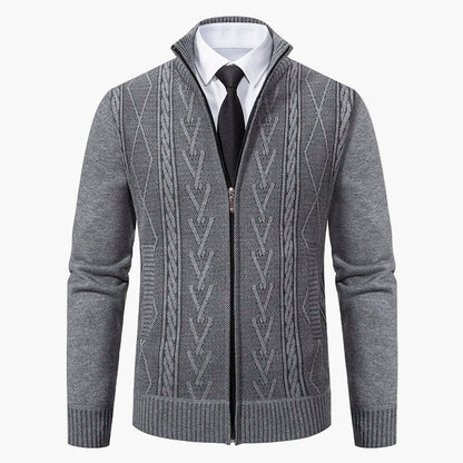 Herrstickad zip-tröja – elegant kabelmönstrad cardigan för vardag och kontor