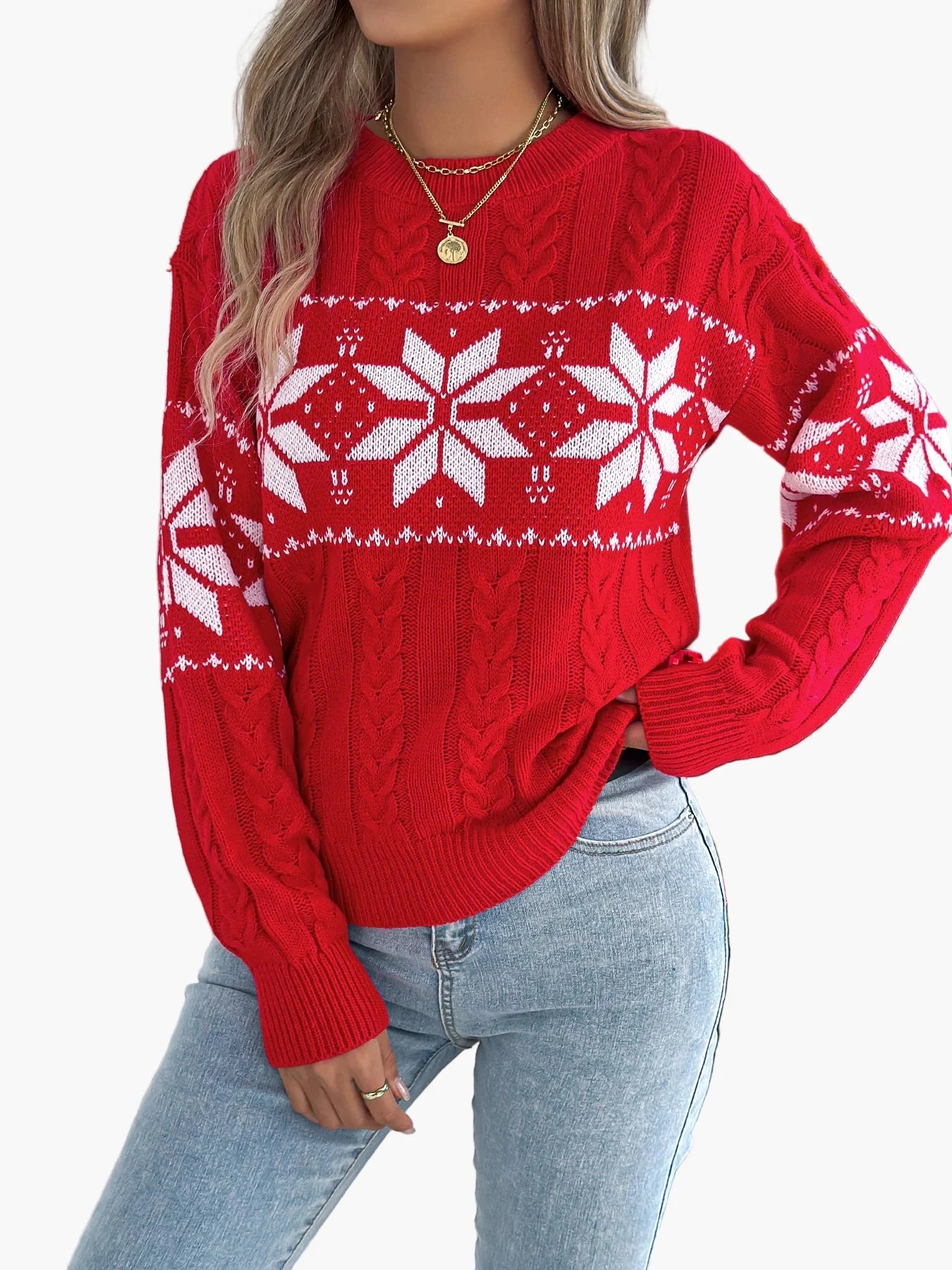 Dam Jultröja med Snöflinga och Kabelstickad Design – Perfekt för Julfest och Vintermys