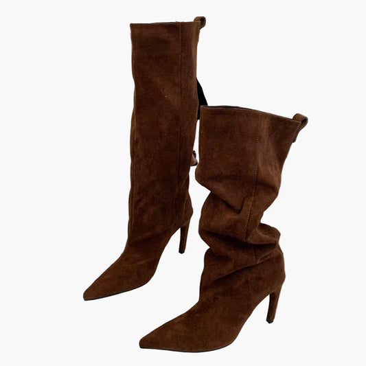 Dam Stövlar med Hög Klack och Spetsig Tå – Trendiga Knähöga Boots för Mode och Fest