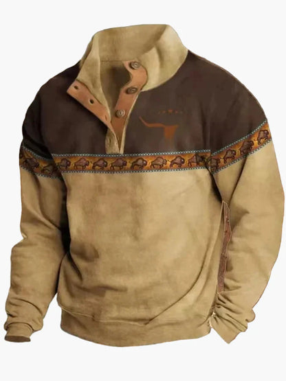 Herrtröja Med Vintage Westerntryck – Fritidsstil Med Unik Design Och Halvknäppning