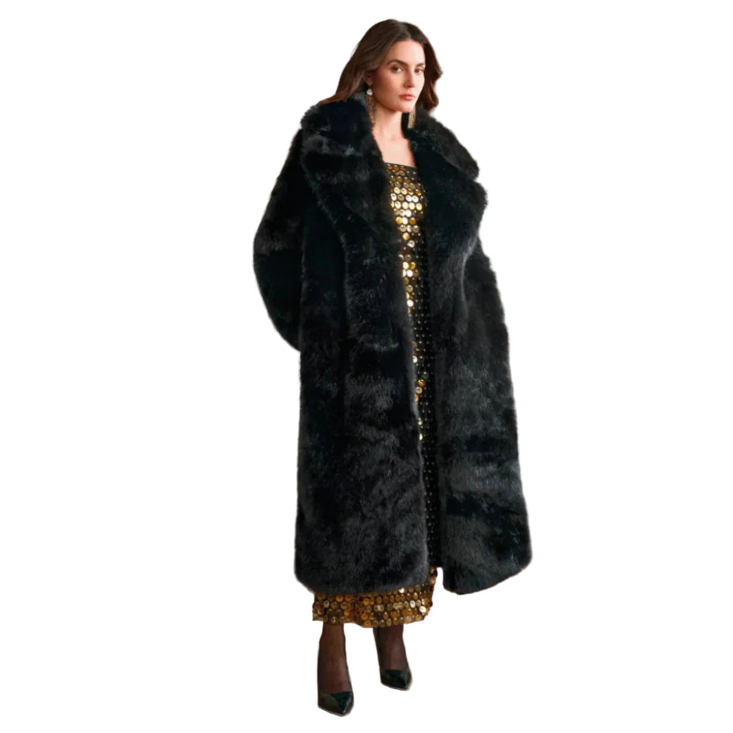 Dam lång lyxig vinterkappa – elegant oversized pälslook för kallare dagar