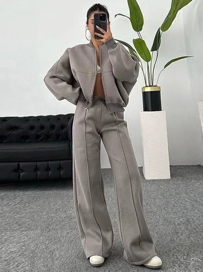 Damers Loungewear Set med Vid Passform – Avslappnad Träningsdräkt med Dragkedja och Vida Byxor
