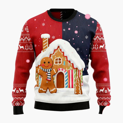 Herr Jultröja Ugly Christmas Sweater med Pepparkaksgubbar, Julgran och Renmotiv – Perfekt för Fest och Julfester