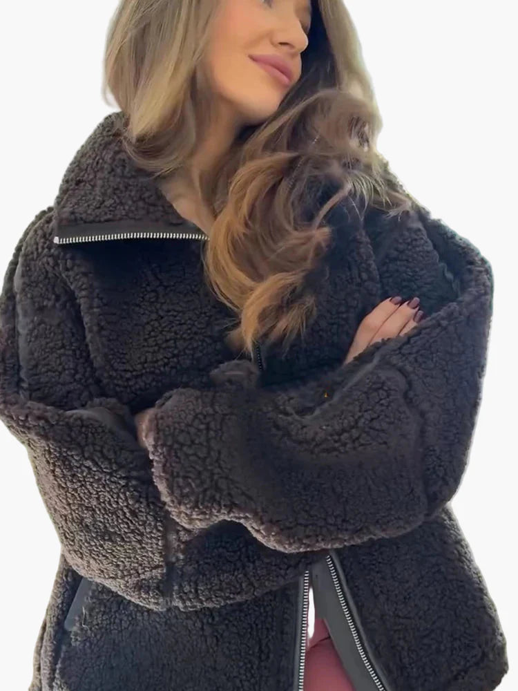 Dam Teddyjacka Oversized Vinterstil – Trendig och Mysig Ytterjacka för Kallt Väder
