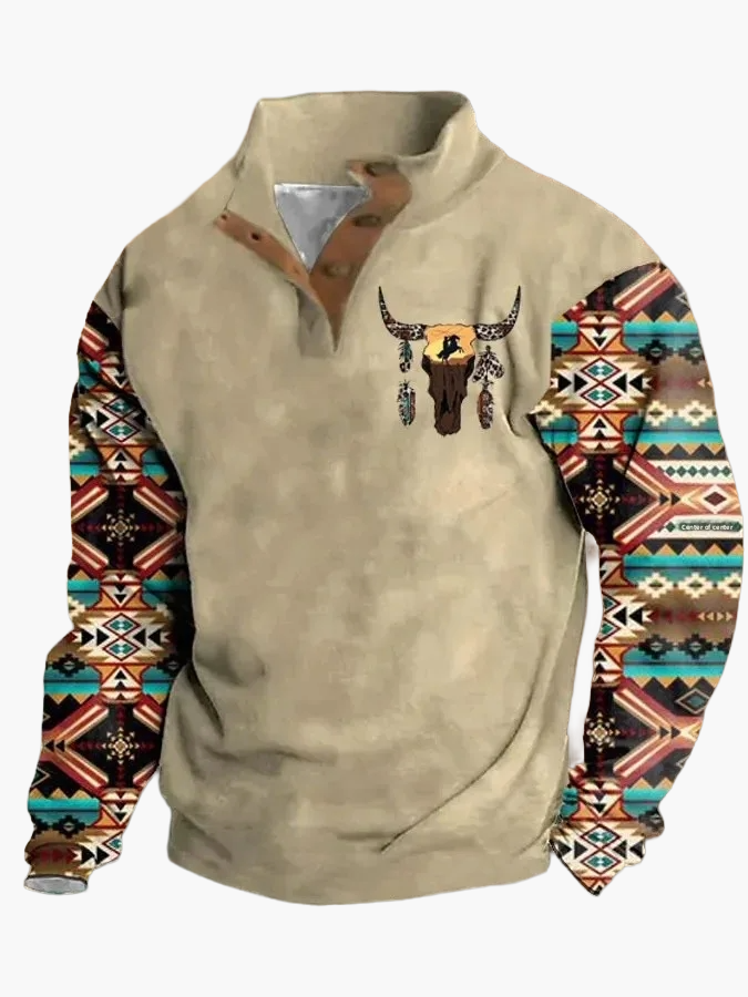 Herrtröja Med Vintage Westerntryck – Fritidsstil Med Unik Design Och Halvknäppning