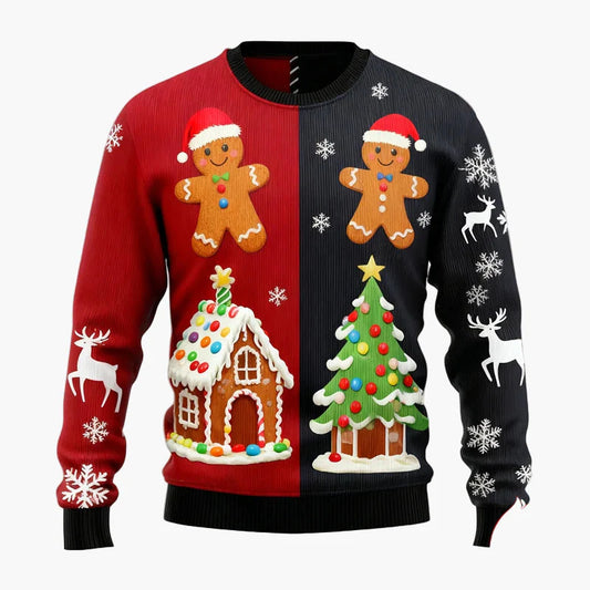 Herr Jultröja Ugly Christmas Sweater med Pepparkaksgubbar, Julgran och Renmotiv – Perfekt för Fest och Julfester