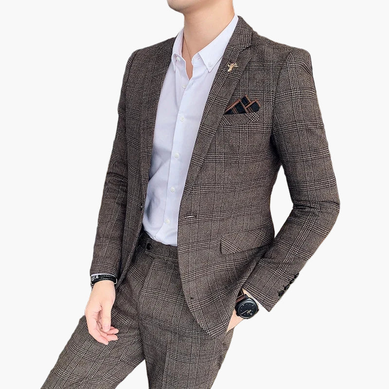 Herr Kostym Business Slim Fit Rutig – Elegant Tvådelad Kostym för Kontor och Fest