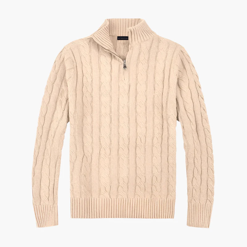 Herrstickad halvpolo med dragkedja – Klassisk kabelstickad tröja för elegant vardagsstil