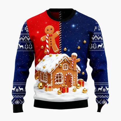 Herr Jultröja Ugly Christmas Sweater med Pepparkaksgubbar, Julgran och Renmotiv – Perfekt för Fest och Julfester