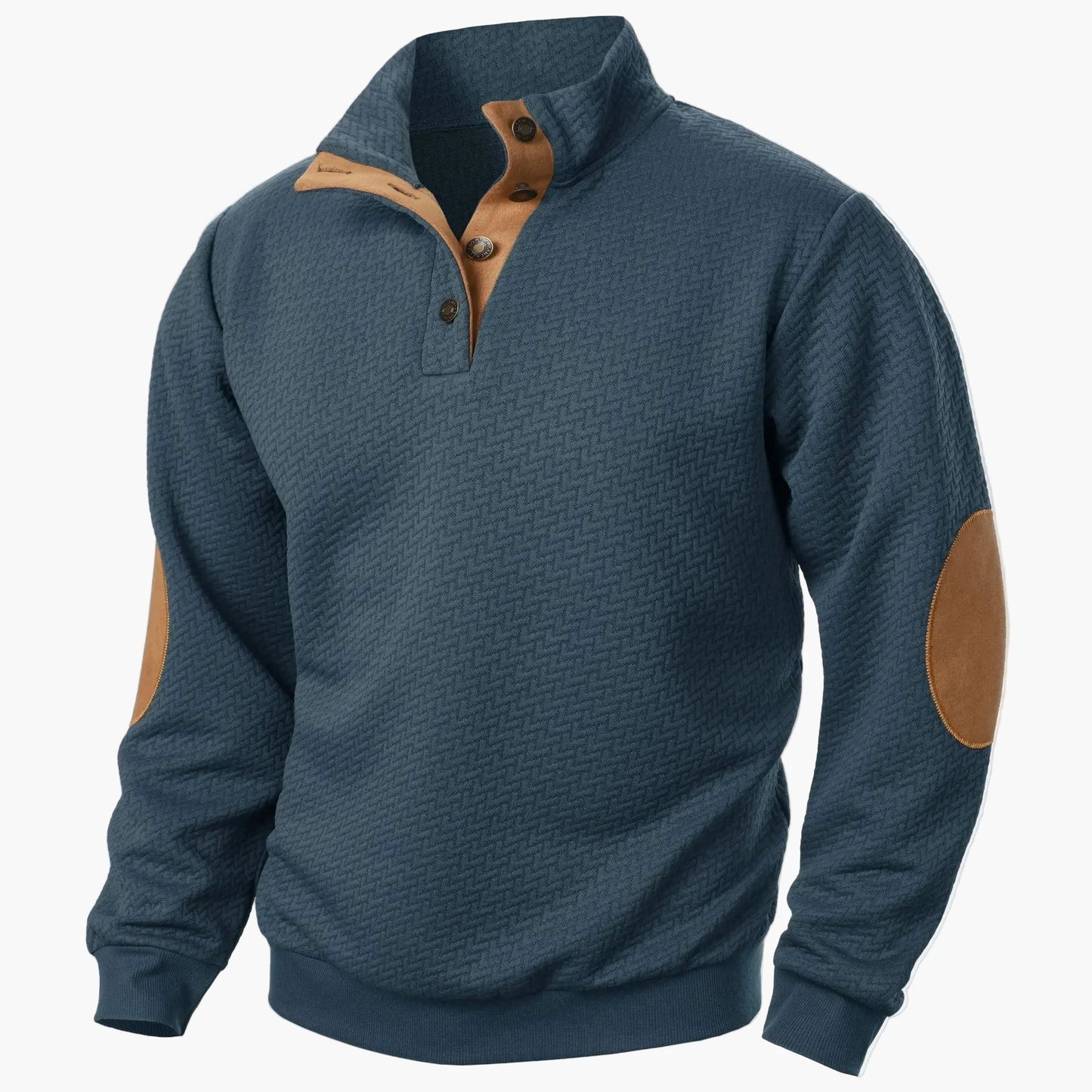 Herrens stickad pullover med trendig halvknäppning och förstärkta armbågar – perfekt för vardag och fritid