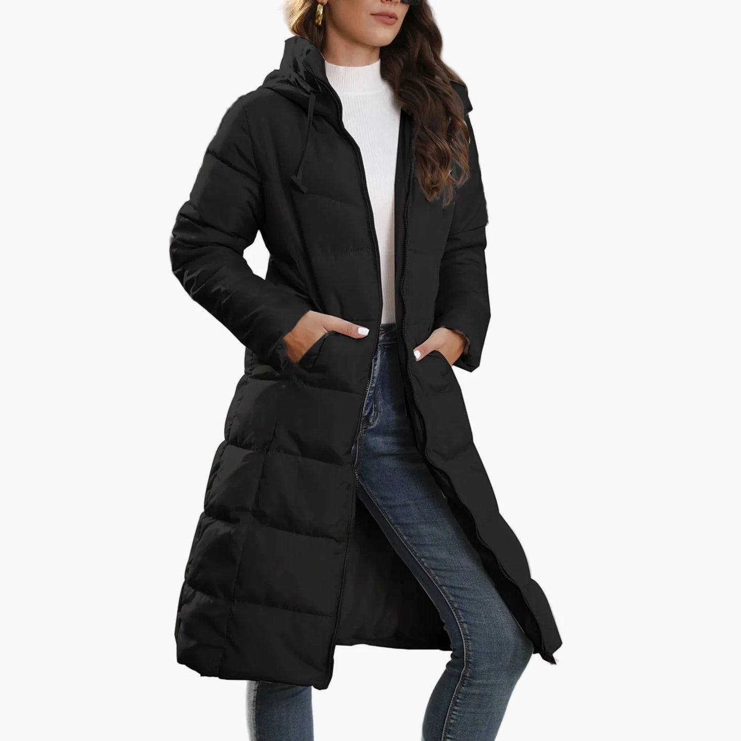 Dam lång quiltad vinterjacka med huva – trendig puffer för vardag och streetwear
