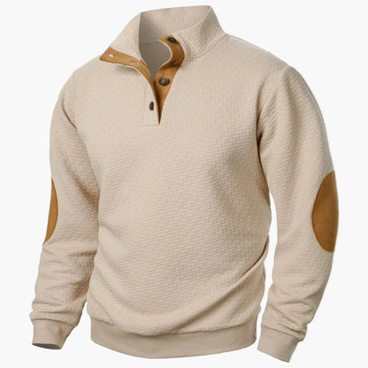 Herrens stickad pullover med trendig halvknäppning och förstärkta armbågar – perfekt för vardag och fritid