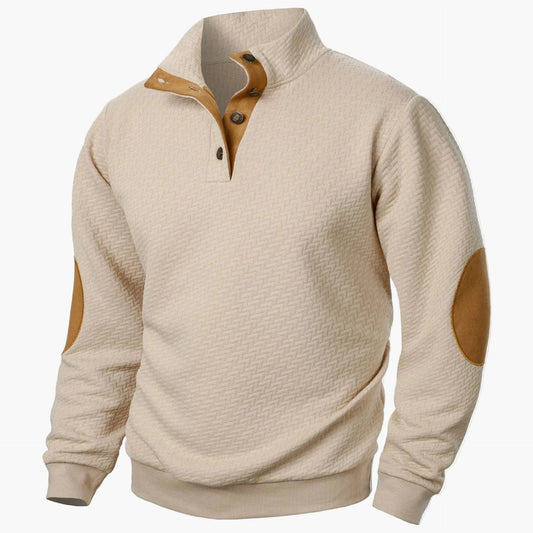 Herrens stickad pullover med trendig halvknäppning och förstärkta armbågar – perfekt för vardag och fritid