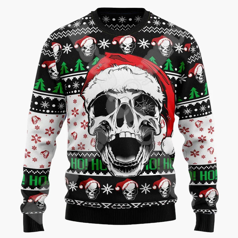 Herr Jultröja med Skräcktema – Rolig Ugly Christmas Sweater med Dödskalle och Tomteluva