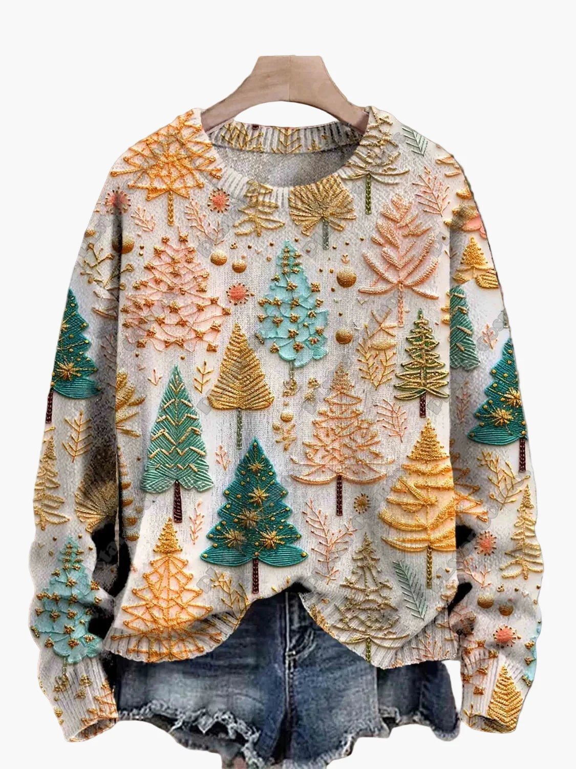 Damtröja julig mönster stickad med broderade motiv – perfekt för vinter och fest