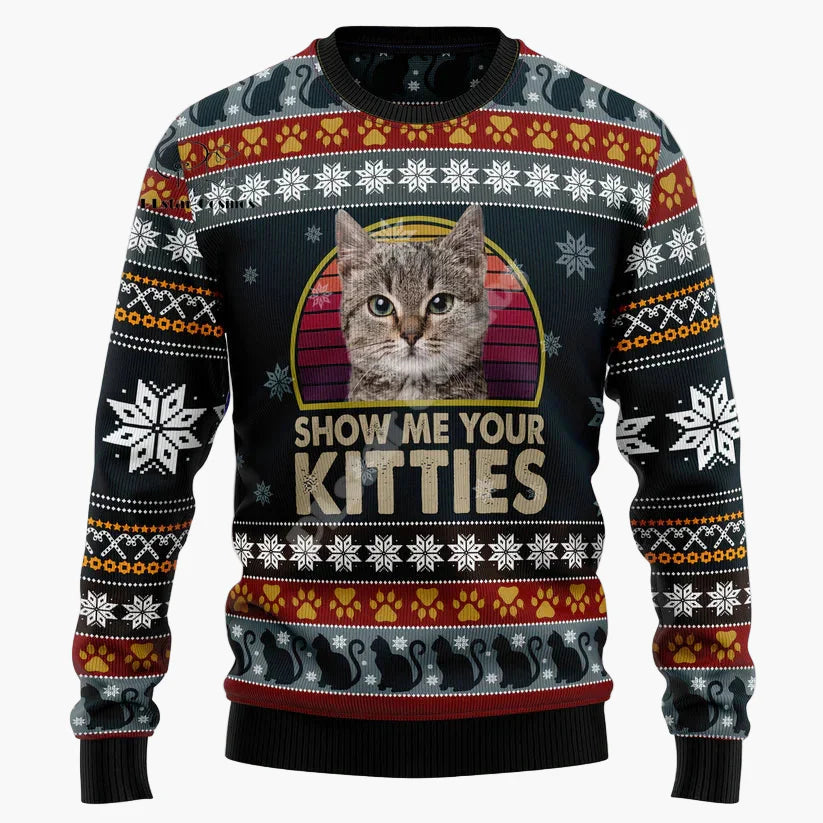 Herr Jultröja med kattmotiv – Rolig "Show Me Your Kitties" Stickad Tröja för Fest och Vardag