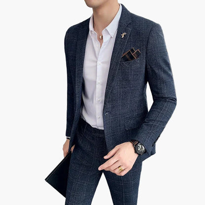 Herr Kostym Business Slim Fit Rutig – Elegant Tvådelad Kostym för Kontor och Fest