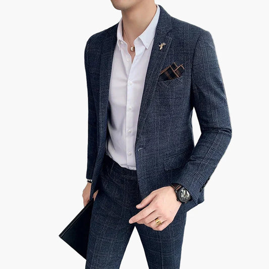 Herr Kostym Business Slim Fit Rutig – Elegant Tvådelad Kostym för Kontor och Fest