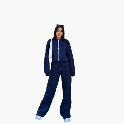 Damers Loungewear Set med Vid Passform – Avslappnad Träningsdräkt med Dragkedja och Vida Byxor