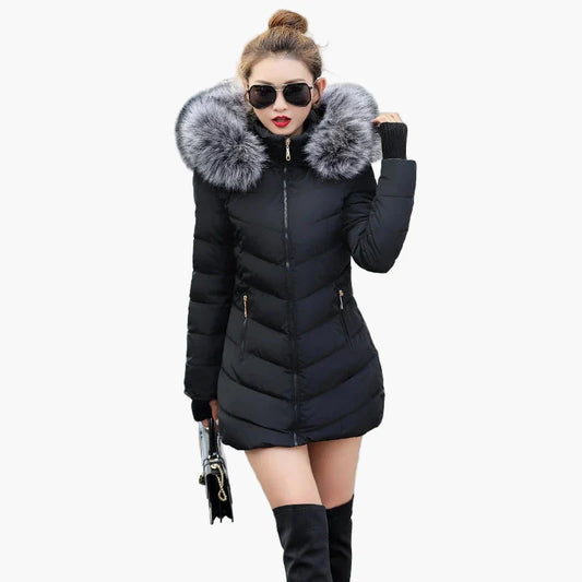 Dam Vinterjacka med Stora Pälskrage och Figursydd Design – Elegant Varm Parkas för Kalla Dagar