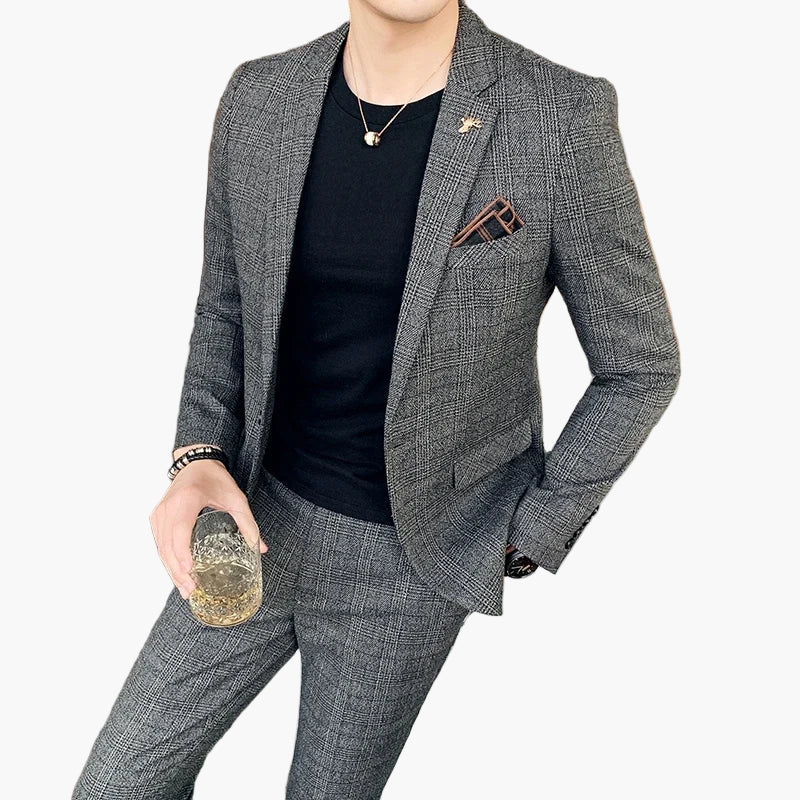 Herr Kostym Business Slim Fit Rutig – Elegant Tvådelad Kostym för Kontor och Fest