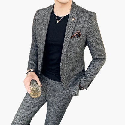 Herr Kostym Business Slim Fit Rutig – Elegant Tvådelad Kostym för Kontor och Fest