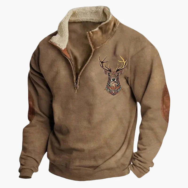 Herrar Western Fleece Pullover – Etno Mönstrad Tröja med Kvartdragkedja och Buffelmotiv