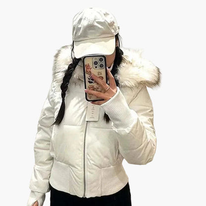 Damjacka med huva och fuskpäls – Varm, figursydd höst- och vinterjacka med dragkedja och fickor