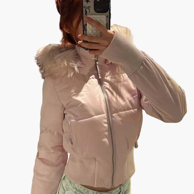 Damjacka med huva och fuskpäls – Varm, figursydd höst- och vinterjacka med dragkedja och fickor