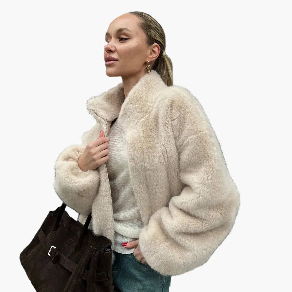 Damjacka – Trendig Kort Fuskpälsjacka för Vinter och Höst, Elegant och Varm