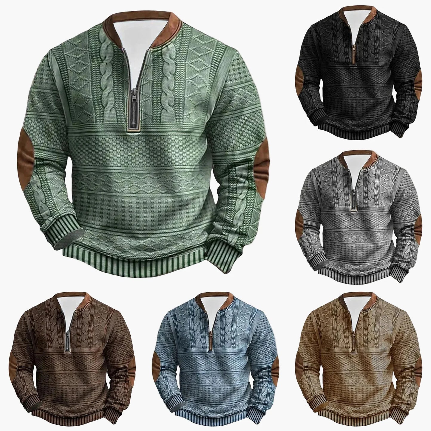 Herrtröja med halv dragkedja – Stickad Look, Retro Casual för Utomhusbruk