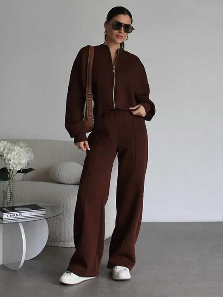 Damers Loungewear Set med Vid Passform – Avslappnad Träningsdräkt med Dragkedja och Vida Byxor