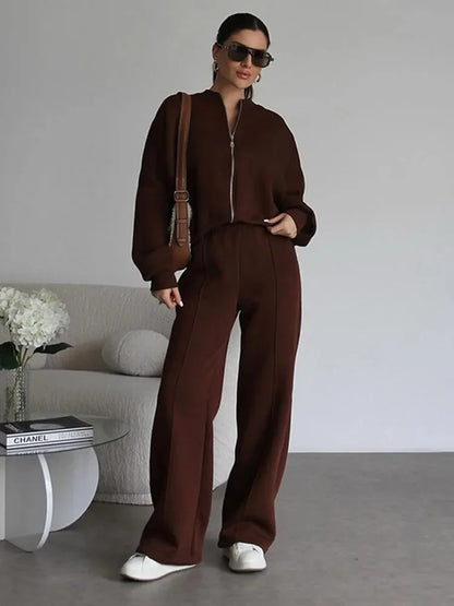 Damers Loungewear Set med Vid Passform – Avslappnad Träningsdräkt med Dragkedja och Vida Byxor