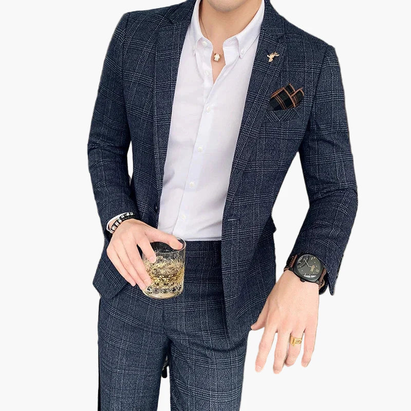 Herr Kostym Business Slim Fit Rutig – Elegant Tvådelad Kostym för Kontor och Fest
