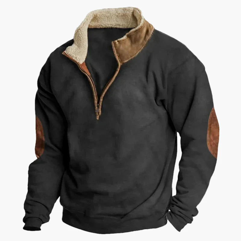 Herrar Western Fleece Pullover – Etno Mönstrad Tröja med Kvartdragkedja och Buffelmotiv