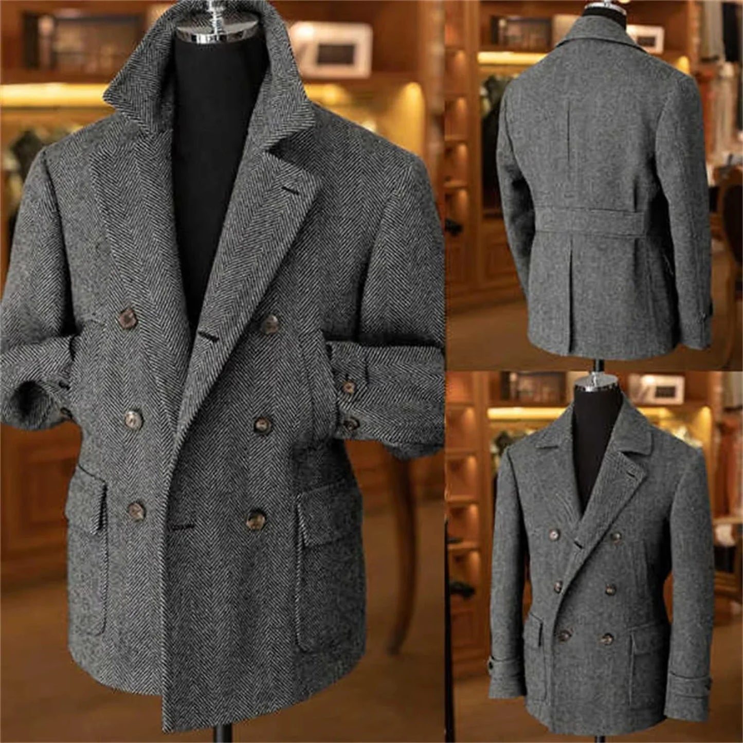 Herr Dubbelknäppt Kavaj – Klassisk Herringbone Vintage Blazer för Fest och Vardag